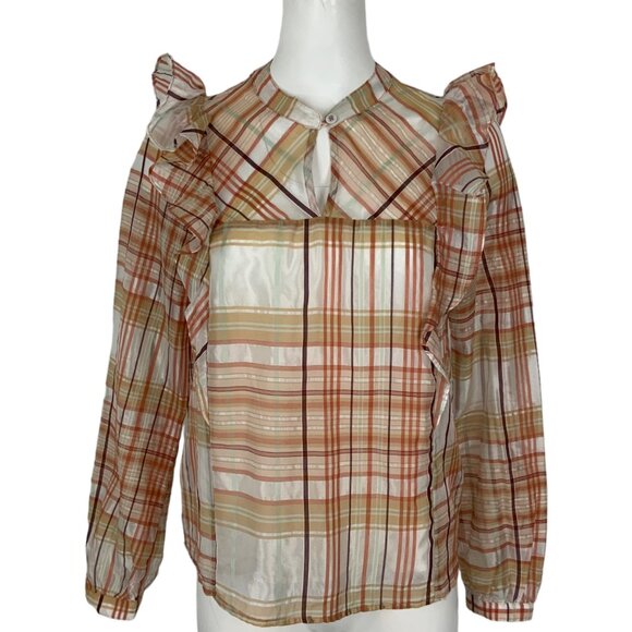Anthropologie Currant Air Polly Peasant Blouse Top S Plaid Ruffles Long Sleeve - Picture 1 of 12